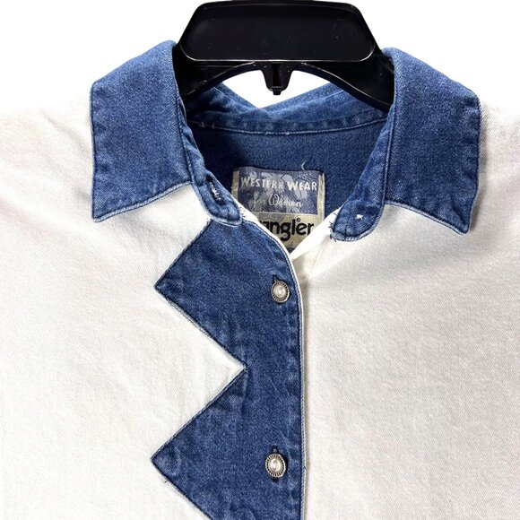 Vtg Wrangler Western Wear Denim Shirt White Blue Cowgirl Rodeo Zig Zag Plaid Lg - Picture 2 of 13